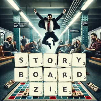 Kreatywna ilustracja do gry w Scrabble ze słowem STORYBOARDZIE ułożonym z płytek na planszy.