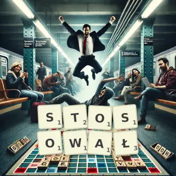 Kreatywna ilustracja do gry w Scrabble ze słowem STOSOWAŁ ułożonym z płytek na planszy.