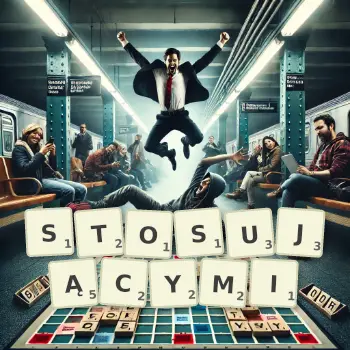 Kreatywna ilustracja do gry w Scrabble ze słowem STOSUJĄCYMI ułożonym z płytek na planszy.