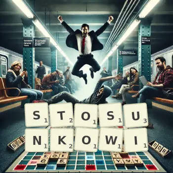 Kreatywna ilustracja do gry w Scrabble ze słowem STOSUNKOWI ułożonym z płytek na planszy.