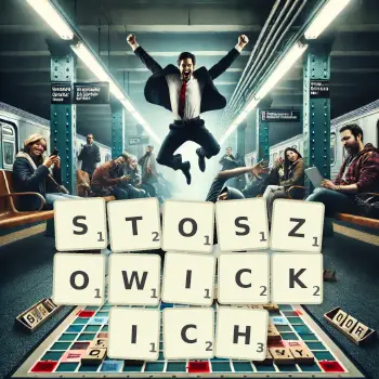 Kreatywna ilustracja do gry w Scrabble ze słowem STOSZOWICKICH ułożonym z płytek na planszy.
