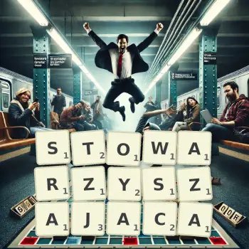 Kreatywna ilustracja do gry w Scrabble ze słowem STOWARZYSZAJACA ułożonym z płytek na planszy.
