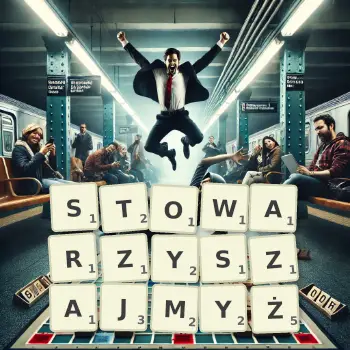 Kreatywna ilustracja do gry w Scrabble ze słowem STOWARZYSZAJMYŻ ułożonym z płytek na planszy.