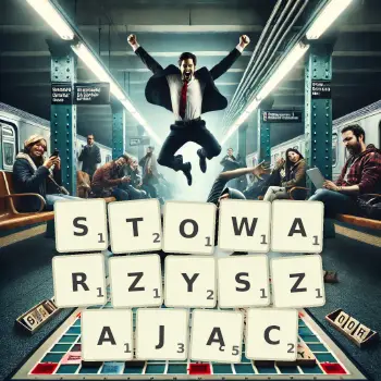 Kreatywna ilustracja do gry w Scrabble ze słowem STOWARZYSZAJĄC ułożonym z płytek na planszy.