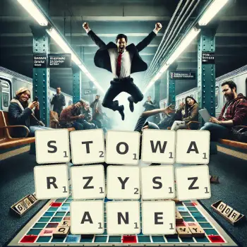 Kreatywna ilustracja do gry w Scrabble ze słowem STOWARZYSZANE ułożonym z płytek na planszy.