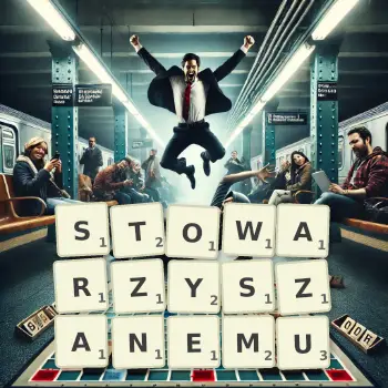 Kreatywna ilustracja do gry w Scrabble ze słowem STOWARZYSZANEMU ułożonym z płytek na planszy.