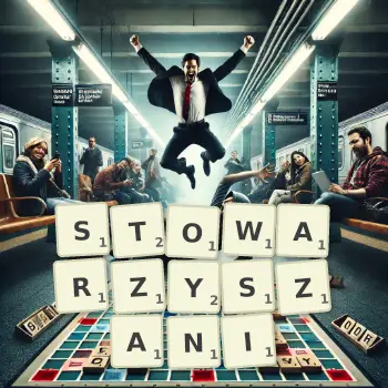Kreatywna ilustracja do gry w Scrabble ze słowem STOWARZYSZANI ułożonym z płytek na planszy.