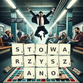 Kreatywna ilustracja do gry w Scrabble ze słowem STOWARZYSZANO ułożonym z płytek na planszy.