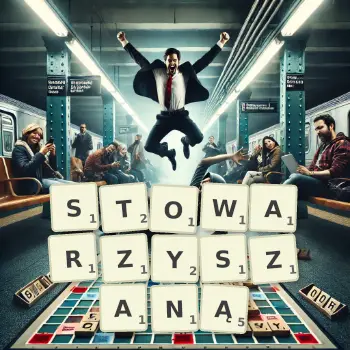 Kreatywna ilustracja do gry w Scrabble ze słowem STOWARZYSZANĄ ułożonym z płytek na planszy.