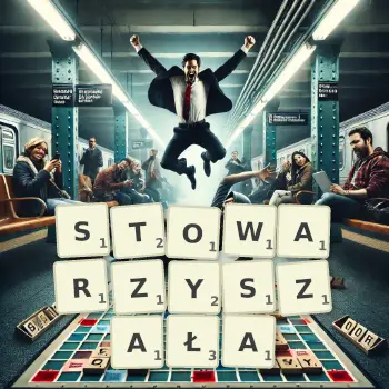 Kreatywna ilustracja do gry w Scrabble ze słowem STOWARZYSZAŁA ułożonym z płytek na planszy.