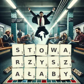 Kreatywna ilustracja do gry w Scrabble ze słowem STOWARZYSZAŁABY ułożonym z płytek na planszy.