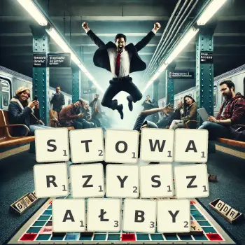 Kreatywna ilustracja do gry w Scrabble ze słowem STOWARZYSZAŁBY ułożonym z płytek na planszy.