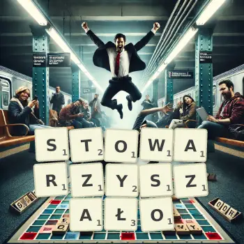 Kreatywna ilustracja do gry w Scrabble ze słowem STOWARZYSZAŁO ułożonym z płytek na planszy.