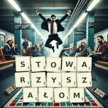 Kreatywna ilustracja do gry w Scrabble ze słowem STOWARZYSZAŁOM ułożonym z płytek na planszy.