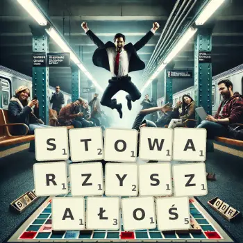 Kreatywna ilustracja do gry w Scrabble ze słowem STOWARZYSZAŁOŚ ułożonym z płytek na planszy.