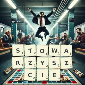 Kreatywna ilustracja do gry w Scrabble ze słowem STOWARZYSZCIE ułożonym z płytek na planszy.