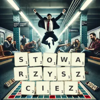 Kreatywna ilustracja do gry w Scrabble ze słowem STOWARZYSZCIEZ ułożonym z płytek na planszy.