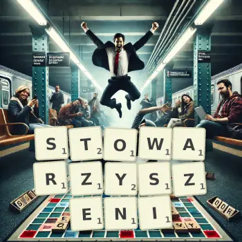 Kreatywna ilustracja do gry w Scrabble ze słowem STOWARZYSZENI ułożonym z płytek na planszy.