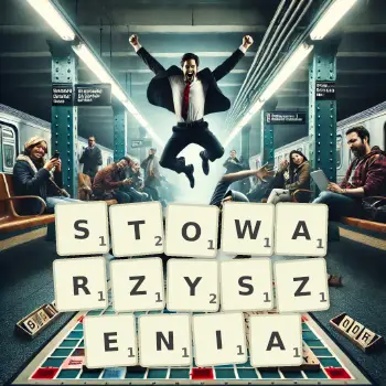 Kreatywna ilustracja do gry w Scrabble ze słowem STOWARZYSZENIA ułożonym z płytek na planszy.