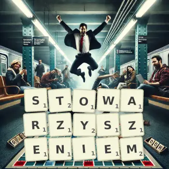 Kreatywna ilustracja do gry w Scrabble ze słowem STOWARZYSZENIEM ułożonym z płytek na planszy.