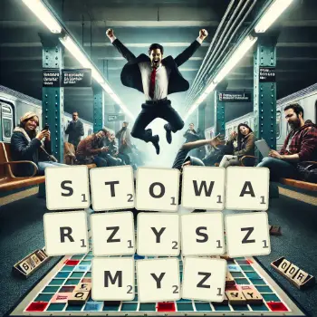 Kreatywna ilustracja do gry w Scrabble ze słowem STOWARZYSZMYZ ułożonym z płytek na planszy.