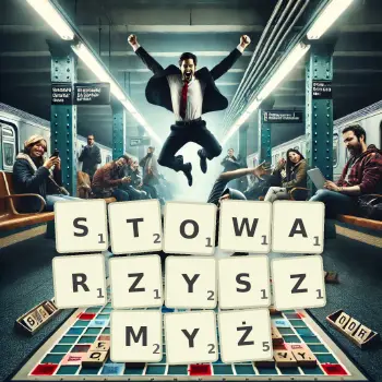 Kreatywna ilustracja do gry w Scrabble ze słowem STOWARZYSZMYŻ ułożonym z płytek na planszy.