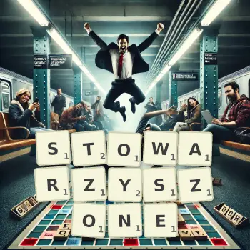 Kreatywna ilustracja do gry w Scrabble ze słowem STOWARZYSZONE ułożonym z płytek na planszy.
