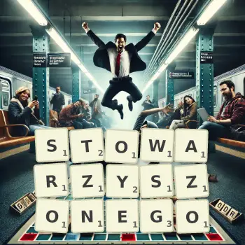 Kreatywna ilustracja do gry w Scrabble ze słowem STOWARZYSZONEGO ułożonym z płytek na planszy.