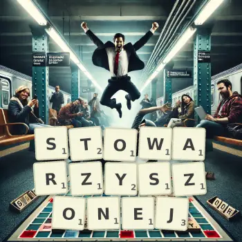 Kreatywna ilustracja do gry w Scrabble ze słowem STOWARZYSZONEJ ułożonym z płytek na planszy.
