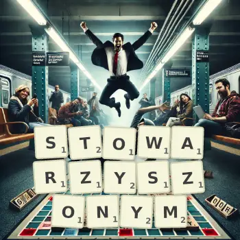 Kreatywna ilustracja do gry w Scrabble ze słowem STOWARZYSZONYM ułożonym z płytek na planszy.