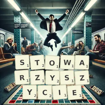 Kreatywna ilustracja do gry w Scrabble ze słowem STOWARZYSZYCIE ułożonym z płytek na planszy.