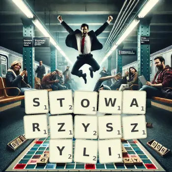 Kreatywna ilustracja do gry w Scrabble ze słowem STOWARZYSZYLI ułożonym z płytek na planszy.