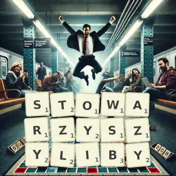 Kreatywna ilustracja do gry w Scrabble ze słowem STOWARZYSZYLIBY ułożonym z płytek na planszy.
