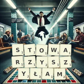 Kreatywna ilustracja do gry w Scrabble ze słowem STOWARZYSZYŁAM ułożonym z płytek na planszy.