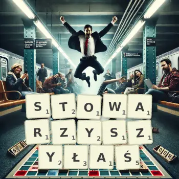 Kreatywna ilustracja do gry w Scrabble ze słowem STOWARZYSZYŁAŚ ułożonym z płytek na planszy.