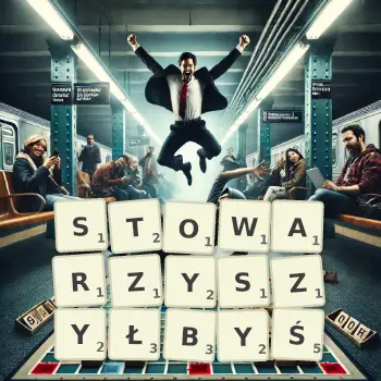 Kreatywna ilustracja do gry w Scrabble ze słowem STOWARZYSZYŁBYŚ ułożonym z płytek na planszy.