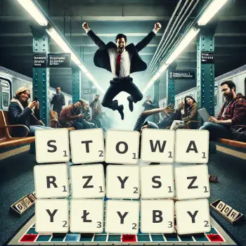 Kreatywna ilustracja do gry w Scrabble ze słowem STOWARZYSZYŁYBY ułożonym z płytek na planszy.