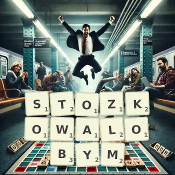 Kreatywna ilustracja do gry w Scrabble ze słowem STOZKOWALOBYM ułożonym z płytek na planszy.