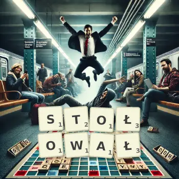 Kreatywna ilustracja do gry w Scrabble ze słowem STOŁOWAŁ ułożonym z płytek na planszy.