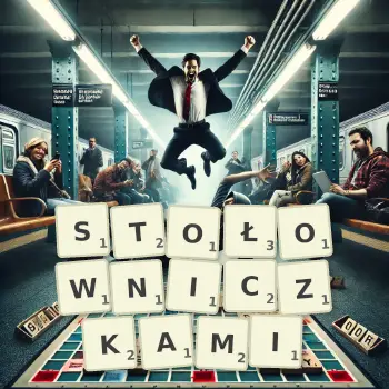 Kreatywna ilustracja do gry w Scrabble ze słowem STOŁOWNICZKAMI ułożonym z płytek na planszy.