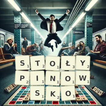 Kreatywna ilustracja do gry w Scrabble ze słowem STOŁYPINOWSKO ułożonym z płytek na planszy.