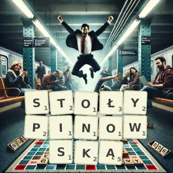 Kreatywna ilustracja do gry w Scrabble ze słowem STOŁYPINOWSKĄ ułożonym z płytek na planszy.