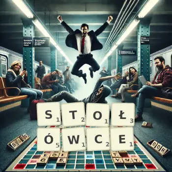 Kreatywna ilustracja do gry w Scrabble ze słowem STOŁÓWCE ułożonym z płytek na planszy.
