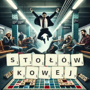 Kreatywna ilustracja do gry w Scrabble ze słowem STOŁÓWKOWEJ ułożonym z płytek na planszy.