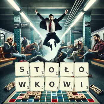 Kreatywna ilustracja do gry w Scrabble ze słowem STOŁÓWKOWI ułożonym z płytek na planszy.