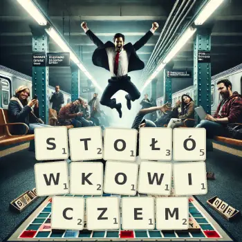 Kreatywna ilustracja do gry w Scrabble ze słowem STOŁÓWKOWICZEM ułożonym z płytek na planszy.