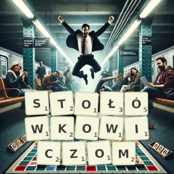 Kreatywna ilustracja do gry w Scrabble ze słowem STOŁÓWKOWICZOM ułożonym z płytek na planszy.