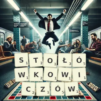 Kreatywna ilustracja do gry w Scrabble ze słowem STOŁÓWKOWICZÓW ułożonym z płytek na planszy.