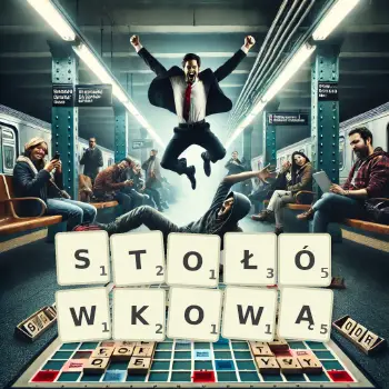 Kreatywna ilustracja do gry w Scrabble ze słowem STOŁÓWKOWĄ ułożonym z płytek na planszy.