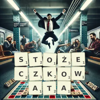 Kreatywna ilustracja do gry w Scrabble ze słowem STOŻECZKOWATA ułożonym z płytek na planszy.
